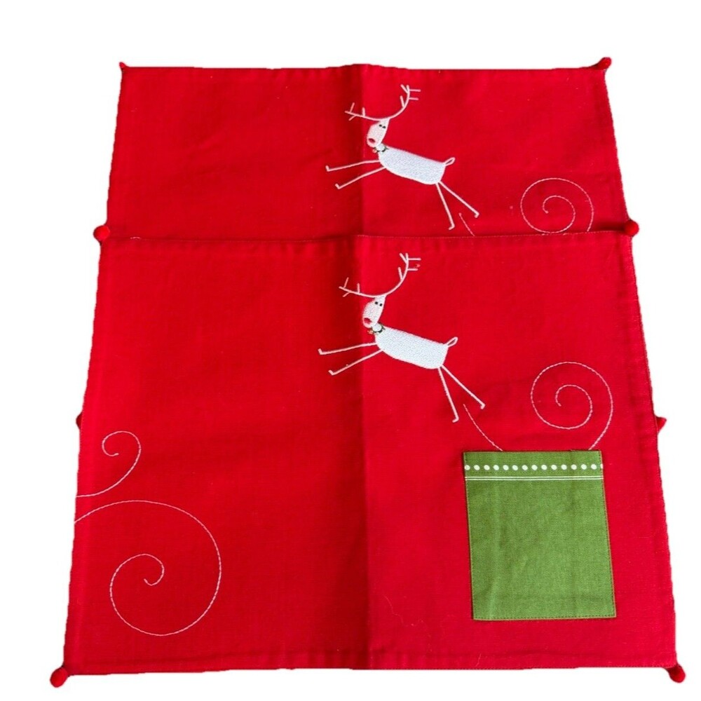 Tag Brand Christmas Red Placemats Reindeer Design 100% Cotton Set Of 2